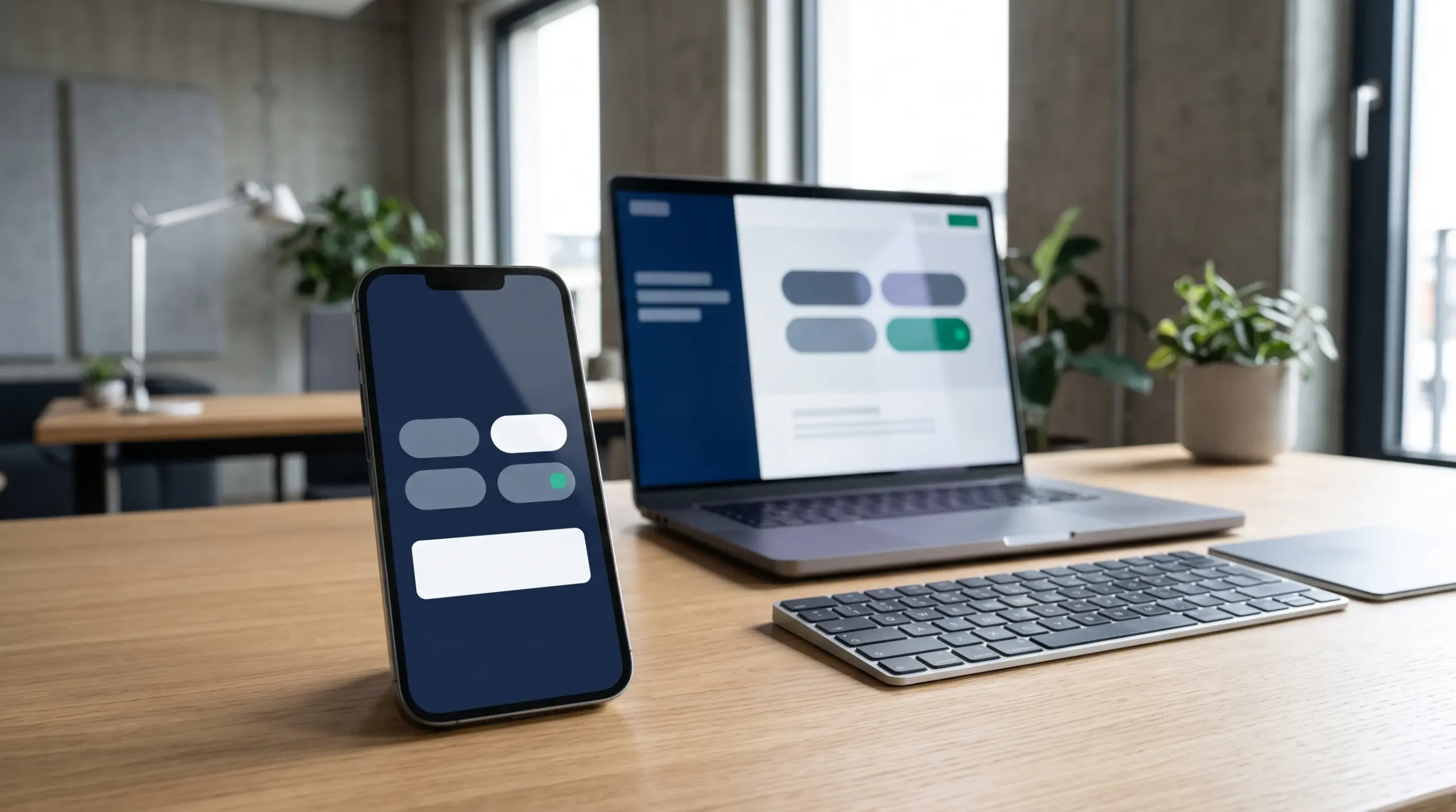 A smartphone stands upright on a wooden desk next to an open laptop and wireless keyboard in a bright office.