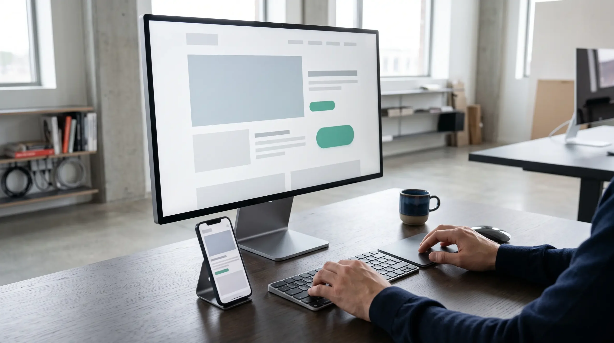 A person types at a desk facing a computer monitor and smartphone displaying website wireframes in an office.